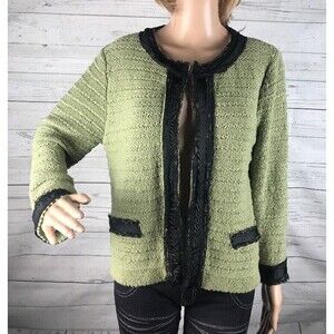 Bandolino Cardigan Sweater Olive Green Black Lace Trim